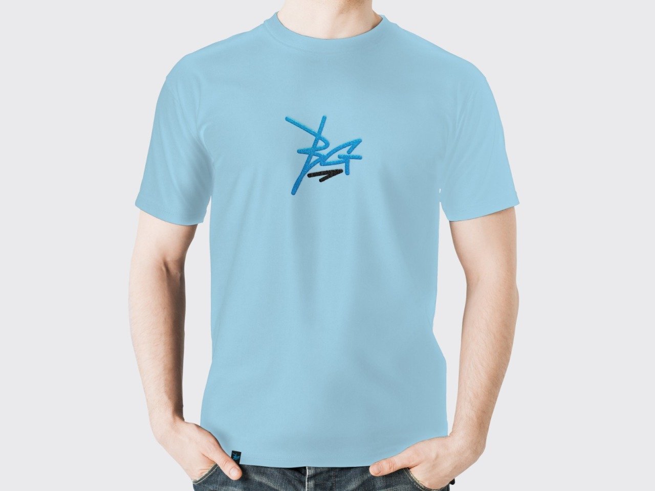 0 Yaka Nakışlı T-shirt - Mavi
