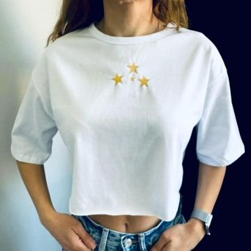Yıldız Baskılı Beyaz Crop T-Shirt