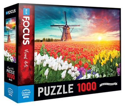1000 Parça Puzzle - Tulips And Windmill Laleler Ve Yel Değirmeni Blue Focus Games