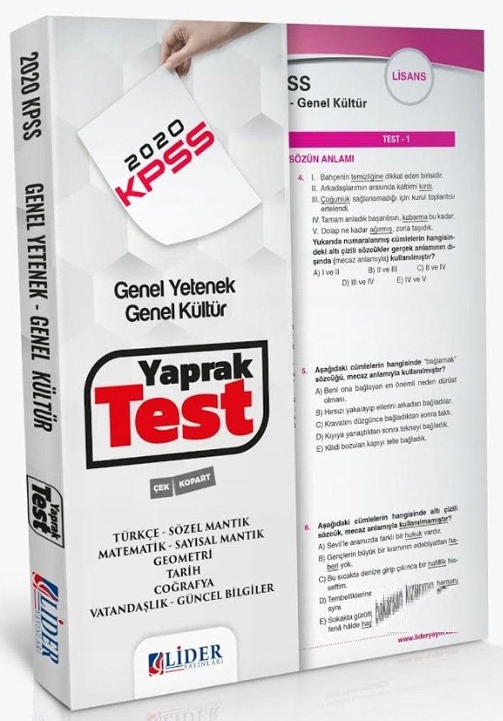 SÜPER FİYAT Lider 2020 KPSS Genel Yetenek Genel Kültür Yaprak Test Lider Yayınları