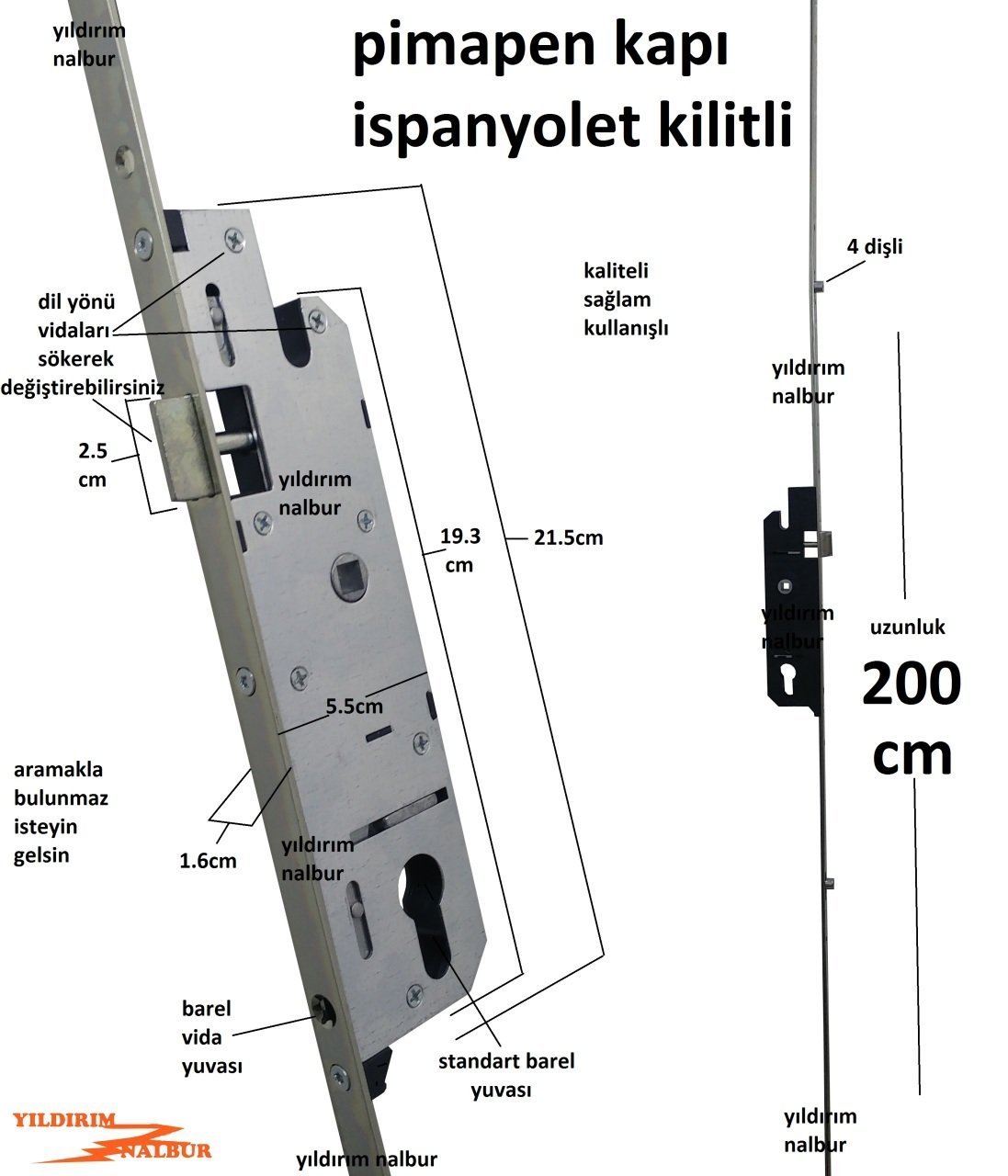 İSPANYOLET KİLİTLİ PİMAPEN KAPI KİLİDİ 200CM EN BÜYÜK MODEL