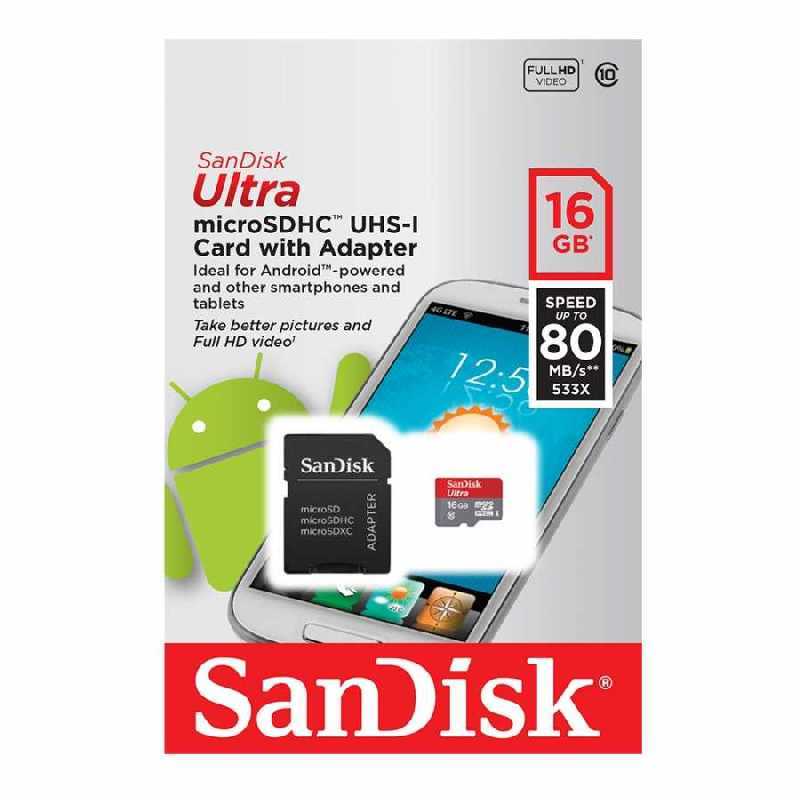 SanDisk 16GB microSDHC Hafıza Kartı Class10 - 80MB/sn Okuma Hızı - Kart Adaptörlü
