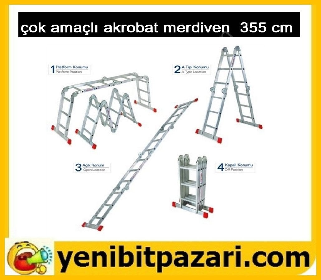 perilla 355 cm katlanabilir çok amaçlı aliminyum  Akrobat Merdiven 4x3 4parça 3 basamaklı 150 kg taşıma kapasiteli