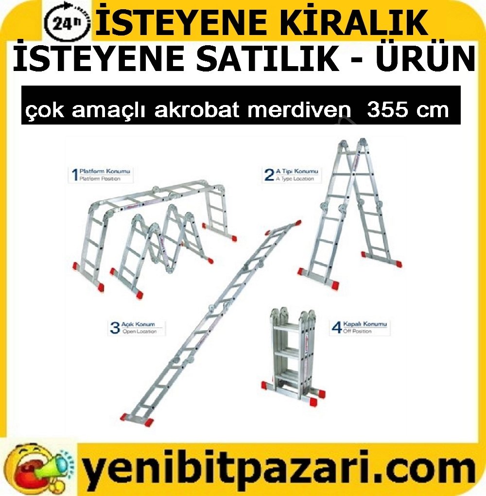 satılık kiralık perilla 355 cm katlanabilir çok amaçlı aliminyum  Akrobat Merdiven 4x3 4parça 3 basamaklı 150 kg taşıma kapasiteli