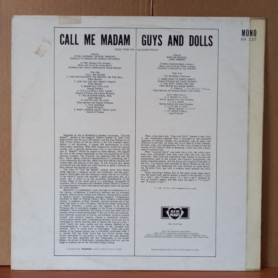 CALL ME MADAM / GUYS AND DOLLS - MUSIC FROM THE FILM SOUNDTRACKS / ETHEL MERMAN, GEORGE SANDERS, MARLON BRANDO, JEAN SIMMONS (1967) - LP 2.EL PLAK
