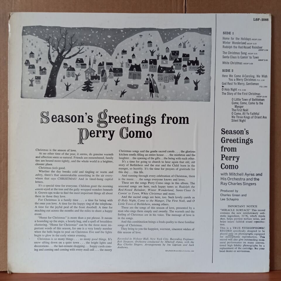 PERRY COMO – SEASON'S GREETINGS FROM PERRY COMO (1959) - LP 2.EL PLAK
