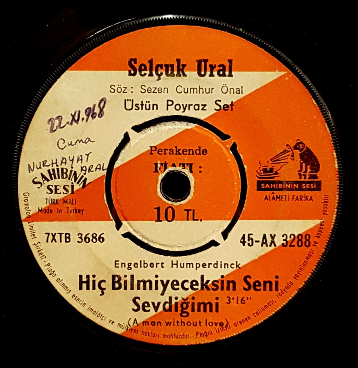 SELÇUK URAL - HİÇ BİLMEYECEKSİN SENİ SEVDİĞİMİ / GÜLÜ SEVEN DİKENİNE KATLANIRMIŞ - 7'' 45 DEVİR KAPAKSIZ SAHİBİNİN SESİ 2.EL