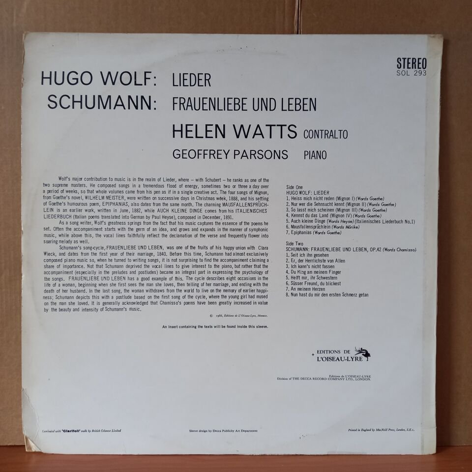 HUGO WOLF: LIEDER, ROBERT SCHUMANN: FRAUENLIEBE UND LIEBEN / HELEN WATTS, GEOFFREY PARSONS (1966) - LP 2.EL PLAK