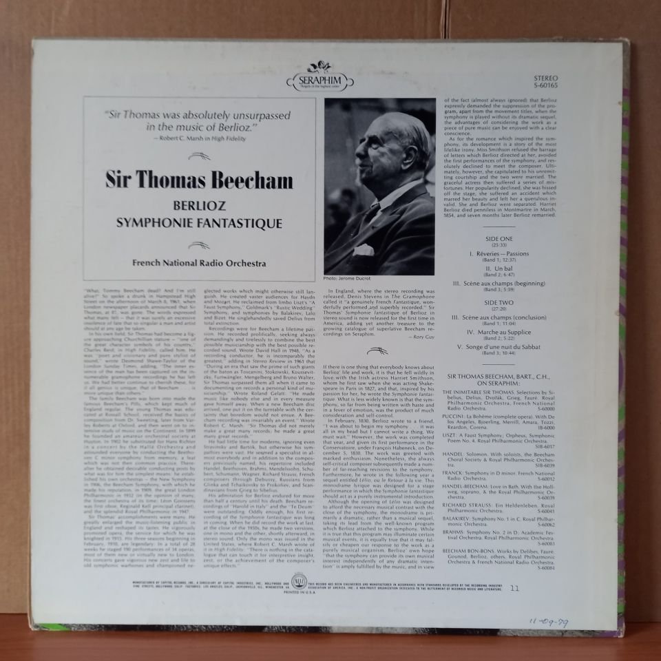 BERLIOZ: SYMPHONIE FANTASTIQUE / FRENCH NATIONAL RADIO ORCHESTRA, SIR THOMAS BEECHAM - LP 2.EL PLAK