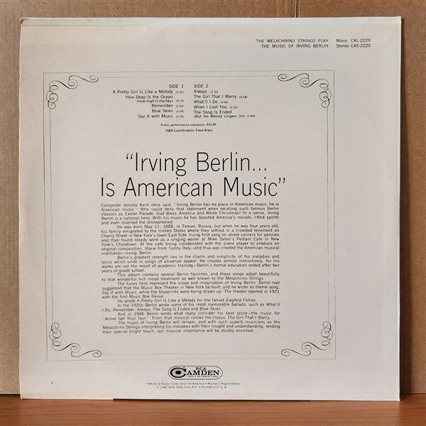 THE MELACHRINO STRINGS – THE MUSIC OF IRVING BERLIN (1968) - LP 2.EL PLAK