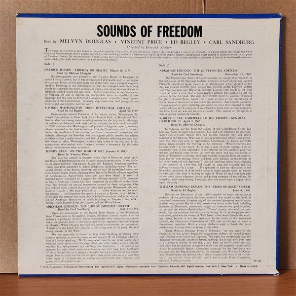 SOUNDS OF FREEDOM: PATRICK HENRY TO WILLIAM JENNINGS BRYAN / MELVYN DOUGLAS VINCENT PRICE, ED BEGLEY, CARL SANDBURG (1958) - LP 2.EL PLAK