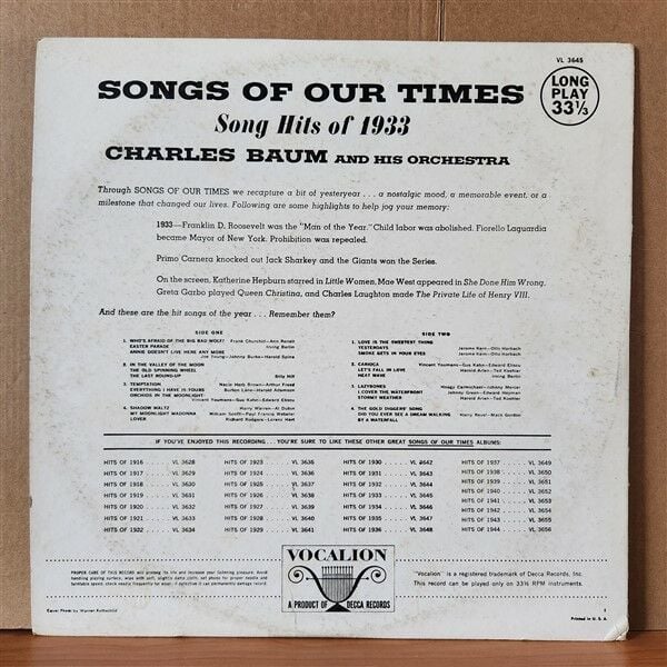 SONGS OF OUR TIMES / SONG HITS OF 1933 / CHARLES BAUM AND HIS ORCHESTRA - LP 2.EL PLAK