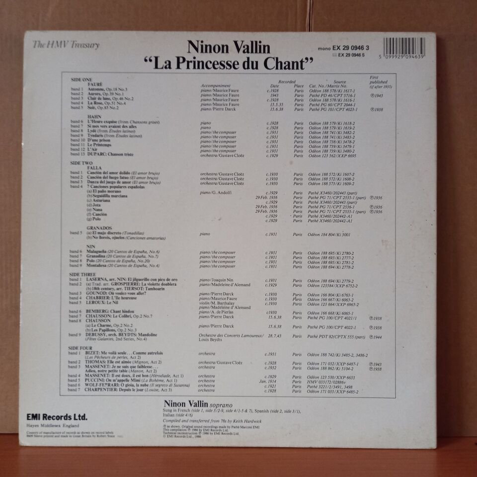 NINON VALLIN – LA PRINCESSE DU CHANT / SONGS BY FAURE, HAHN, DUPARC, CHAUSSON, FALLA, GRANADOS, NIN (1986) - 2LP 2.EL PLAK