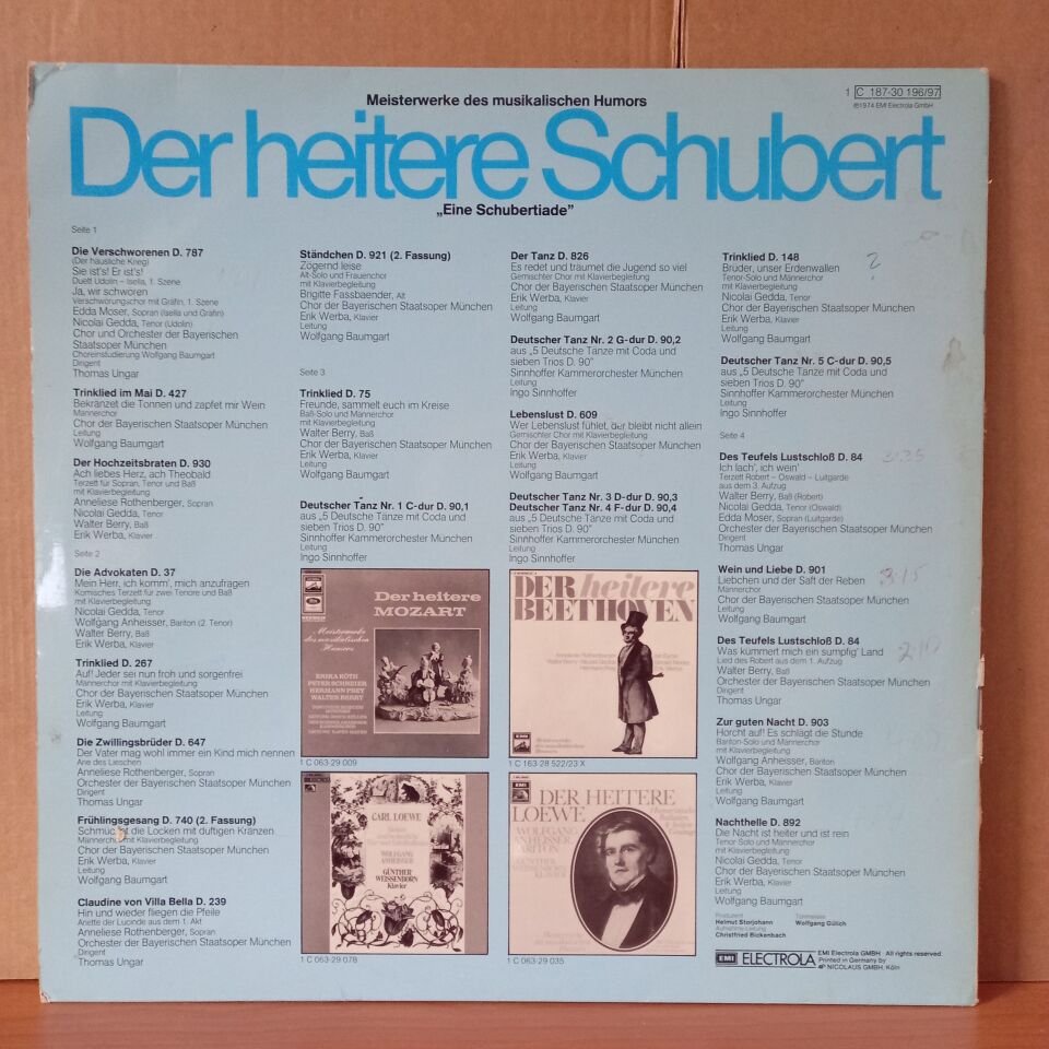 DER HEITERE SCHUBERT • MEISTERWERKE DES MUSIKALISCHEN HUMORS „EINE SCHUBERTIADE“ / BRIGITTE FASSBAENDER, EDDA MOSER, ANNELIESE ROTHENBERGER, WOLFGANG ANHEISSER, WALTER BERRY, NICOLAI GEDDA (1974) - 2LP 2.EL PLAK