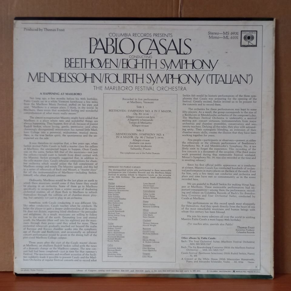 PABLO CASALS CONDUCTING BEETHOVEN: EIGHTH SYMPHONY / MENDELSSOHN: FOURTH SYMPHONY (''ITALIAN'') / THE MARLBORO FESTIVAL ORCHESTRA - LP 2.EL PLAK