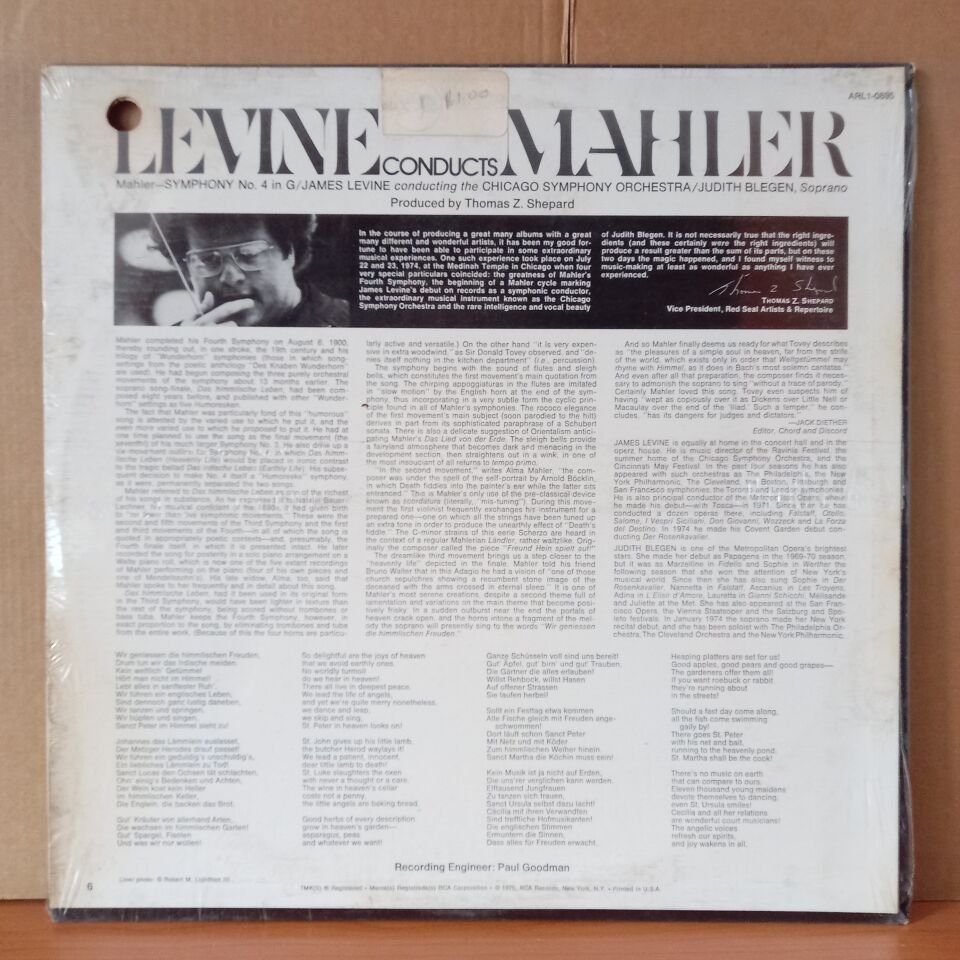 LEVINE CONDUCTS MAHLER SYMPHONY NO. 4 IN G / JUDITH BLEGEN, THE CHICAGO SYMPHONY ORCHESTRA, SAMUEL MAGAD (1975) - LP DÖNEM BASKISI SIFIR PLAK