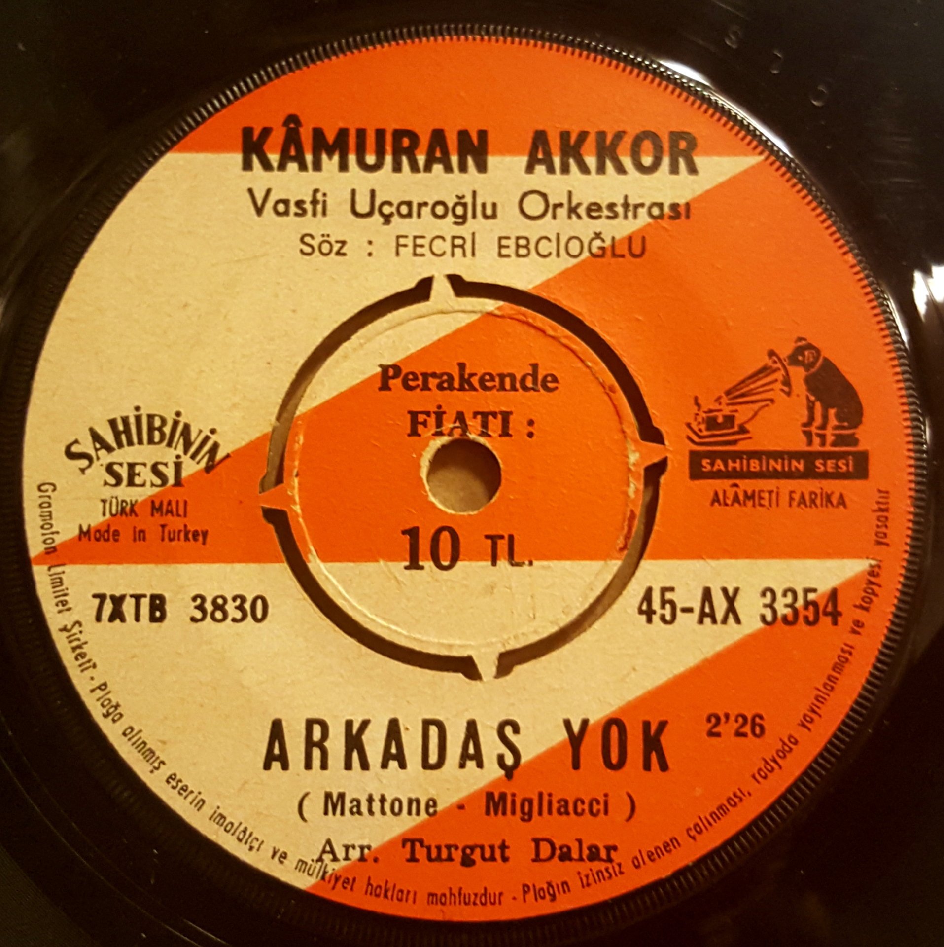 KAMURAN AKKOR - ARKADAŞ YOK / AŞKA PAYDOS -  7'' 45 DEVİR KAPAKSIZ 2.EL 45LİK PLAK