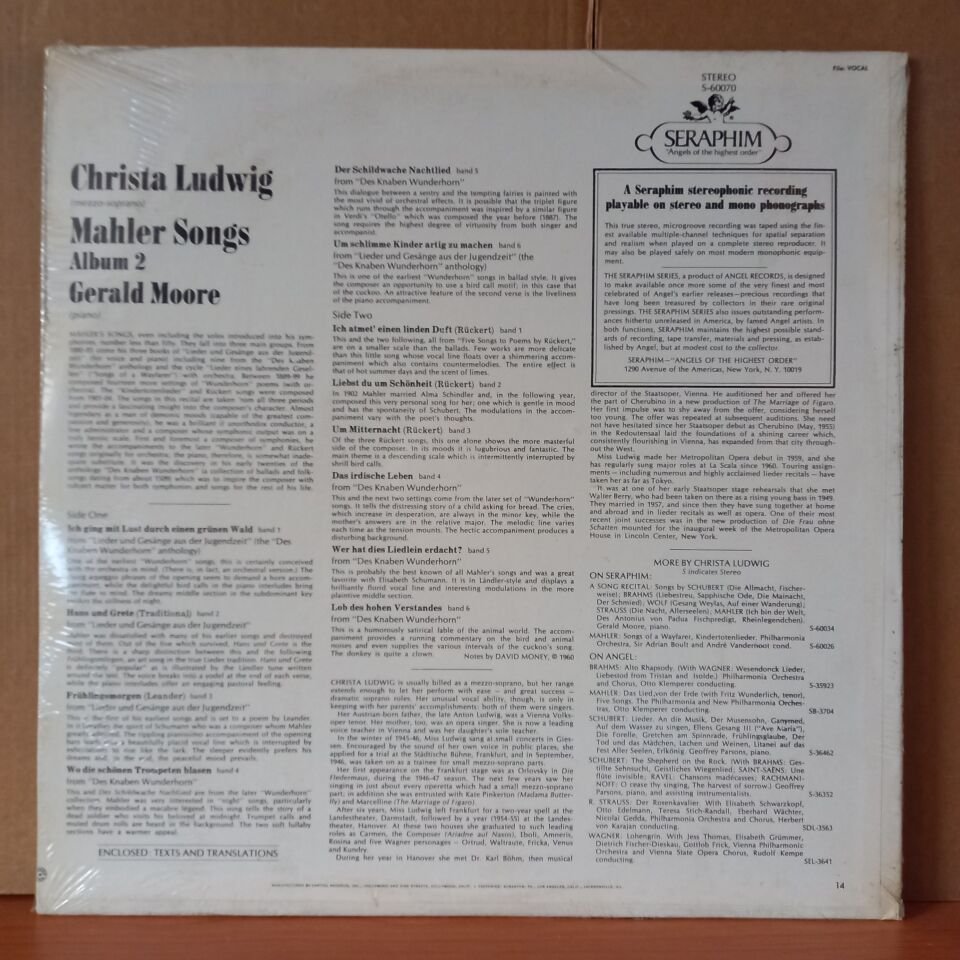 CHRISTA LUDWIG / MAHLER SONGS - ALBUM 2 / GERALD MOORE - LP DÖNEM BASKISI SIFIR PLAK