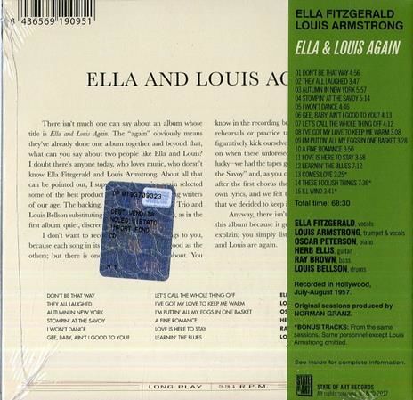 ELLA FITZGERALD, LOUIS ARMSTRONG – ELLA AND LOUIS AGAIN (1957) - CD DIGIPAK 2017 REISSUE AMBALAJINDA SIFIR