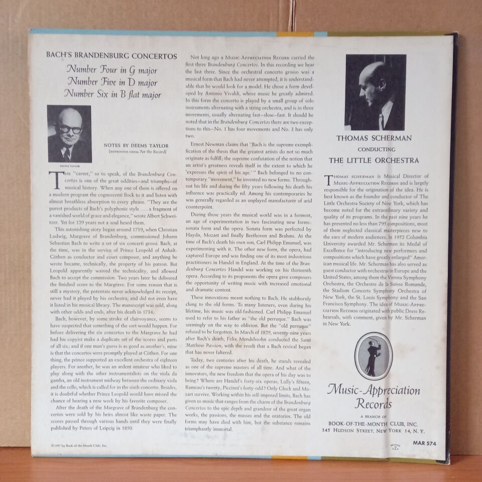 JOHANN SEBASTIAN BACH: THE BRANDENBURG CONCERTOS / THOMAS SCHERMAN, THE LITTLE ORCHESTRA - LP + 10 INCH 2.EL PLAK