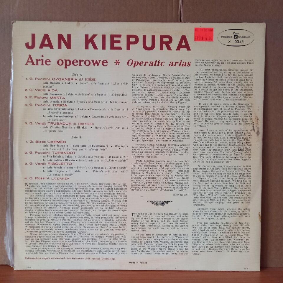 JAN KIEPURA – ARIE OPEROWE (OPERATIC ARIAS) / PUCCINI, VERDI, BIZET, ROSSINI (1982) - LP 2.EL PLAK