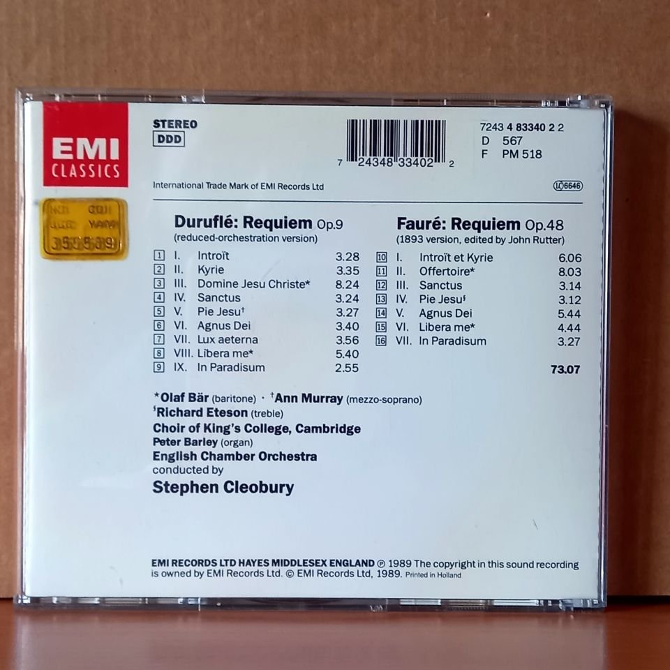 FAURE & DURUFLE REQUIEMS / OLAF BAR, ANN MURRAY, RICHARD ETESON, CHOIR OF KING'S COLLEGE CAMBRIDGE, PETER BARLEY, ENGLISH CHAMBER ORCHESTRA, STEPHEN CLEOBURY (1995) - CD 2.EL