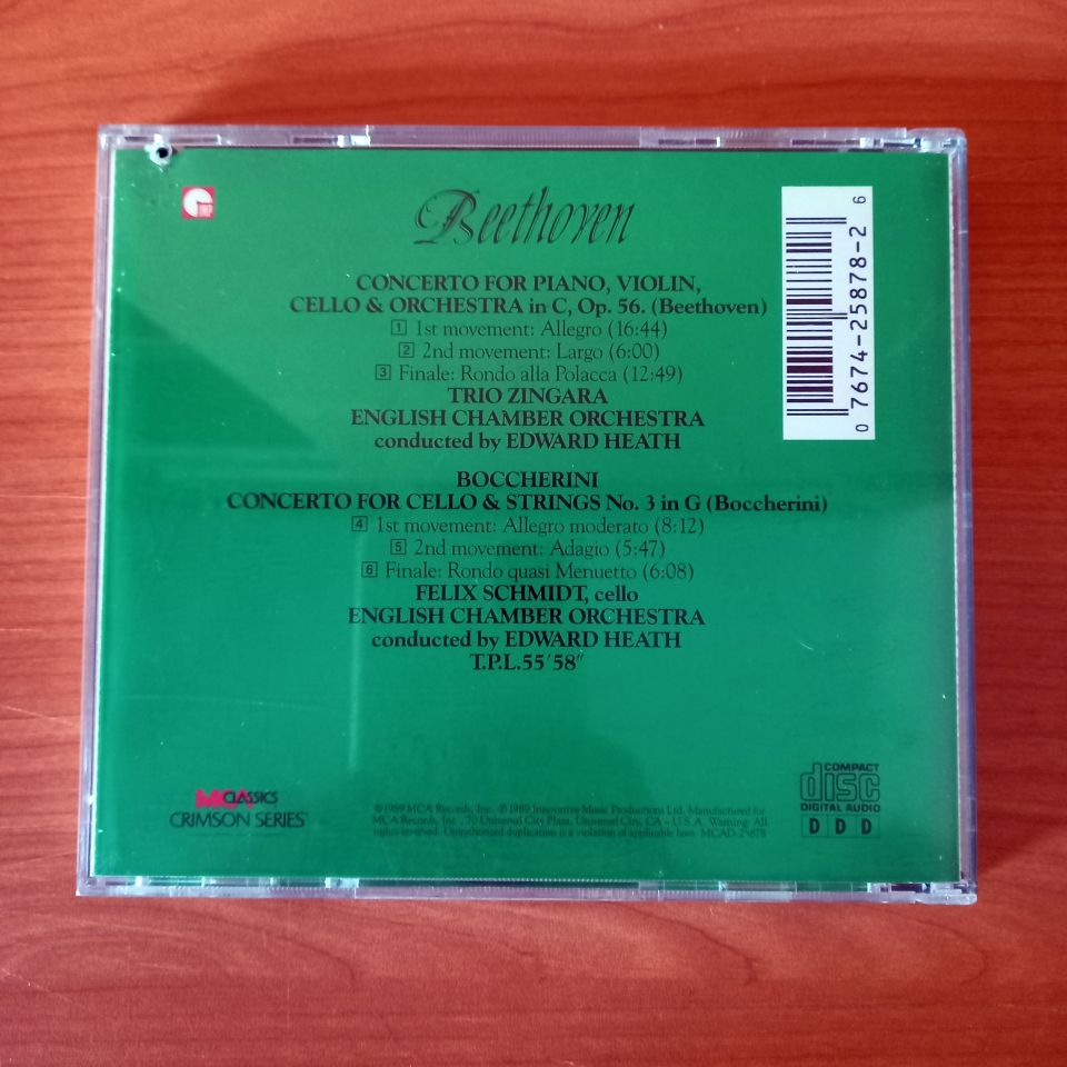 BEETHOVEN: CONCERTO FOR PIANO, VIOLIN, CELLO & ORCHESTRA IN C, OP.56 / TRIO ZINGARA, ENGLISH CHAMBER ORCHESTRA, EDWARD HEATH / BOCCHERINI: CONCERTO FOR CELLO & STRINGS NO.3 IN G (1989) - CD 2.EL