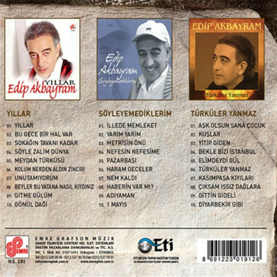 EDİP AKBAYRAM - ARŞİV VOL 1 YILLAR / SÖYLEYEMEDİKLERİM / TÜRKÜLER YANMAZ - 3CD DIGIPACK SIFIR