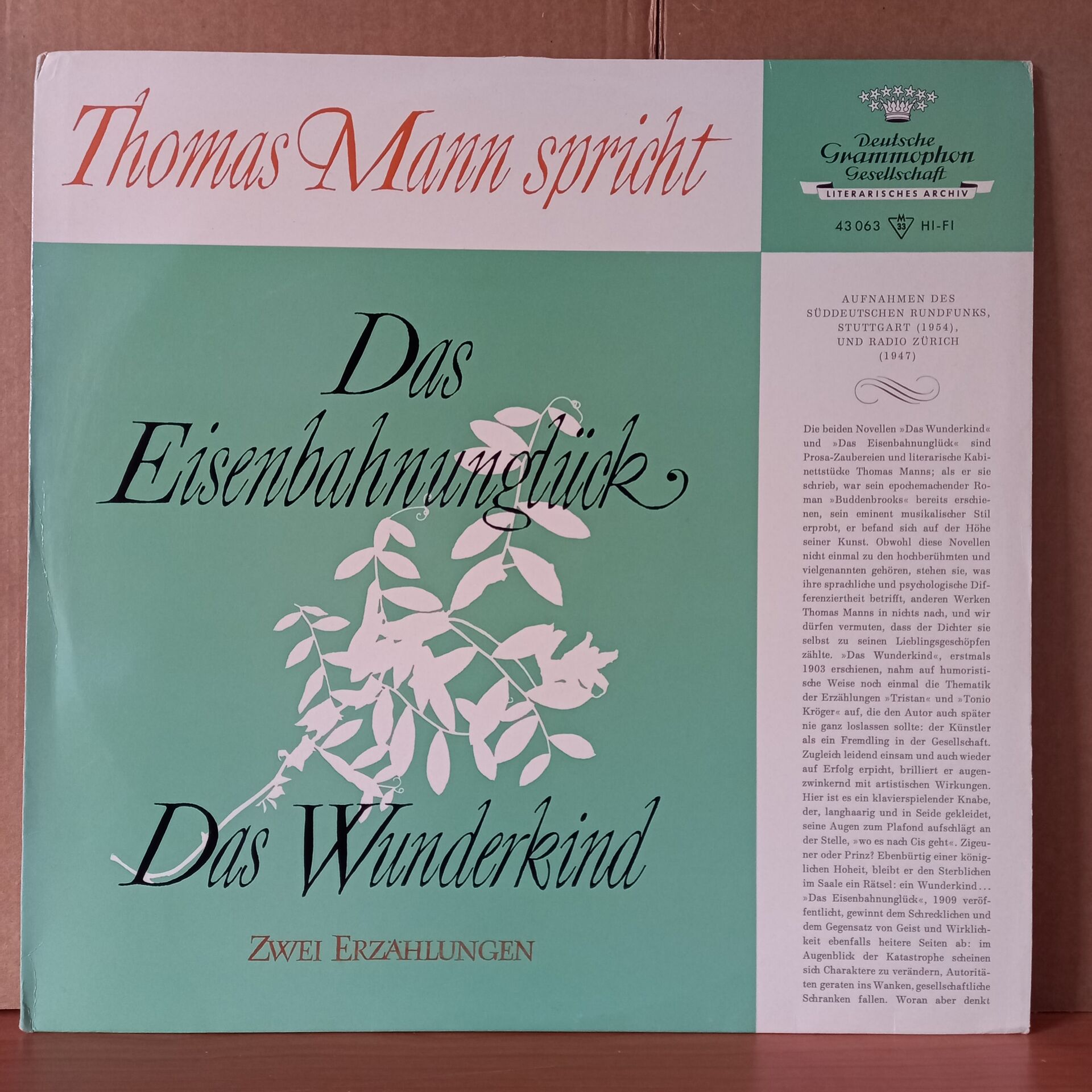 THOMAS MANN SPRICHT ZWEI ERZAHLUNGEN: DAS EISENBAHNUNGÜCK / DAS WUNDERKIND (1965) - LP 2.EL PLAK