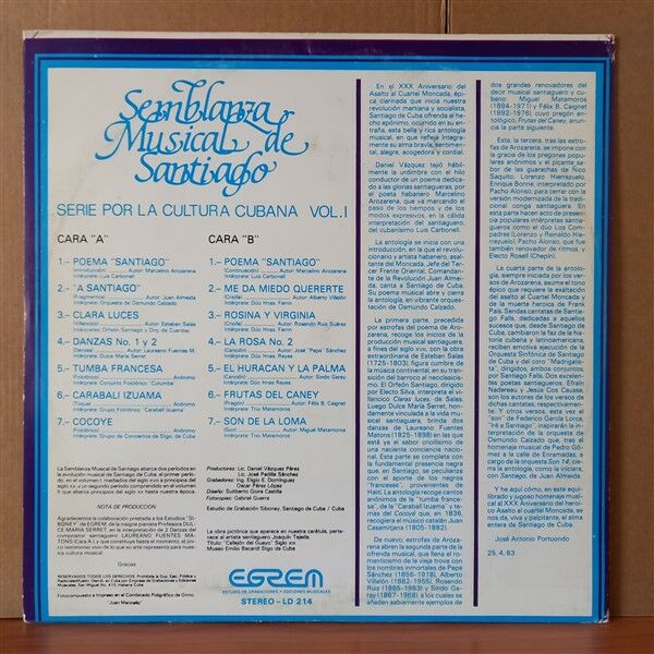 SEMBLANZA MUSICAL DE SANTIAGO - SERIE POR LA CULTURA CUBANA VOL. 1 (1963) - LP 2. EL PLAK