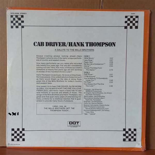 HANK THOMPSON – CAB DRIVER / A SALUTE TO THE MILLS BROTHERS (1972) - LP DÖNEM BASKISI SIFIR PLAK