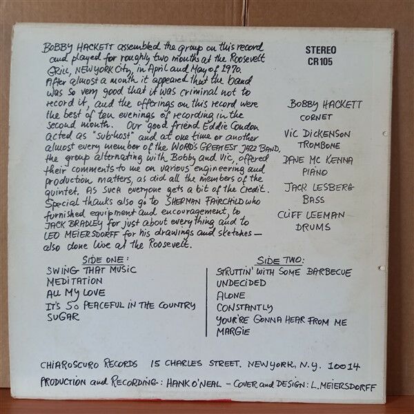 BOBBY HACKETT – BOBBY HACKETT LIVE AT THE ROOSEVELT GRILL WITH VIC DICKENSON (1988) - LP 2.EL PLAK