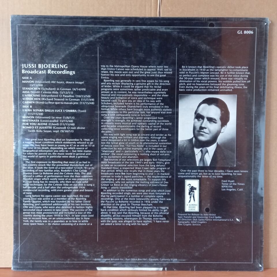 JUSSI BJOERLING – FABULOUS RADIO PERFORMANCES 20TH ANNIVERSARY TRIBUTE 1911-1960 (1981) - LP DÖNEM BASKISI SIFIR PLAK