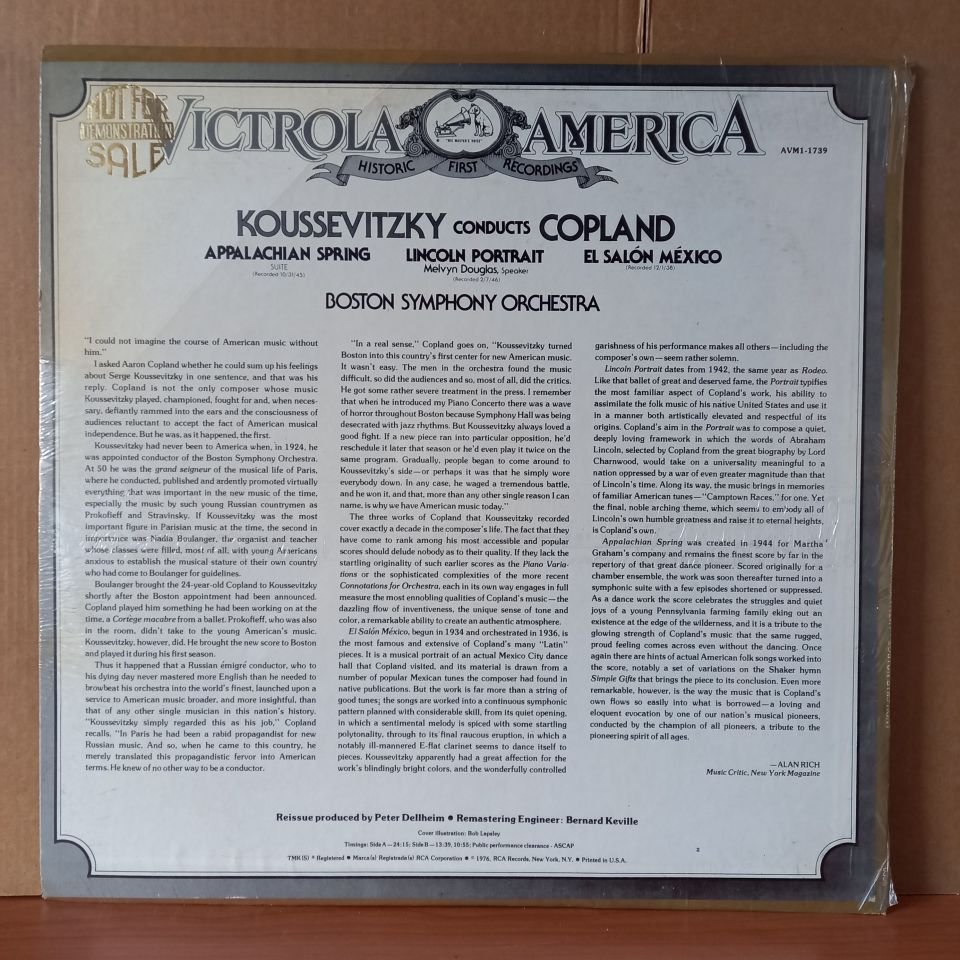 KOUSSEVITZKY CONDUCTS COPLAND / APPALACHIAN SPRING | LINCOLN PORTRAIT | EL SALÓN MEXICO / BOSTON SYMPHONY ORCHESTRA (1976) - LP DÖNEM BASKISI SIFIR PLAK