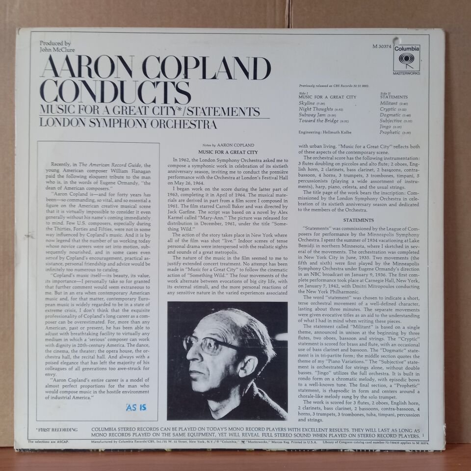 AARON COPLAND CONDUCTS FIRST RECORDING: MUSIC FOR A GREAT CITY, STATEMENTS / LONDON SYMPHONY ORCHESTRA (1966) - LP 2.EL PLAK