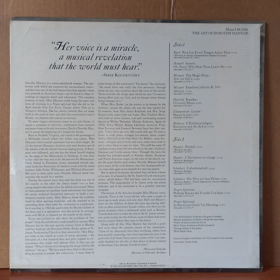 DOROTHY MAYNOR – THE ART OF DOROTHY MAYNOR / BACH, HANDEL, MOZART, DVORAK, DEBUSSY, SCHUBERT, DUPARC (1969) - LP DÖNEM BASKISI SIFIR PLAK