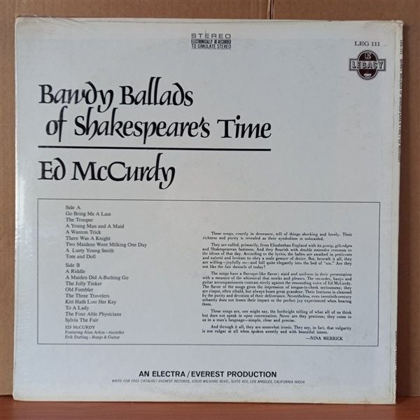 ED MCCURDY – BAWDY BALLADS OF SHAKESPEARE'S TIME (1976) - LP DÖNEM BASKISI SIFIR PLAK