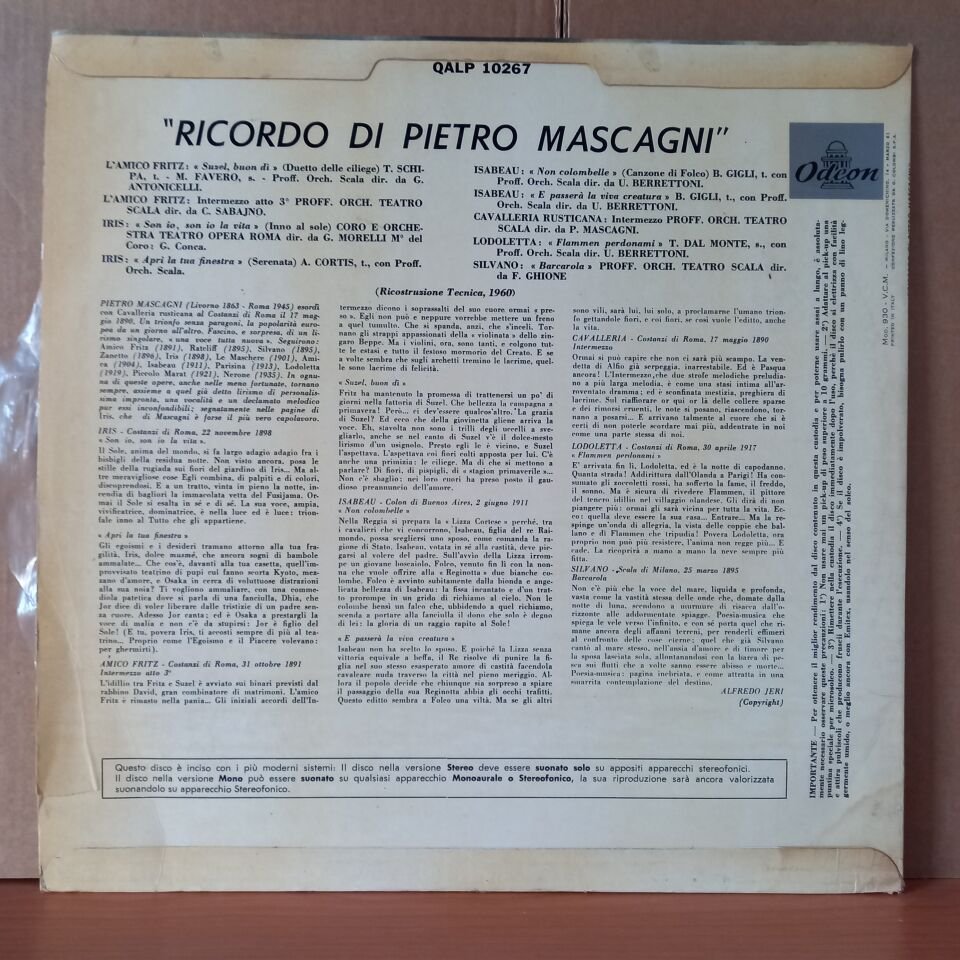 RICORDO DI PIETRO MASCAGNI / FRITZ, IRIS, ISABEAU, LODOLETTA, SILVANO - LP 2.EL PLAK