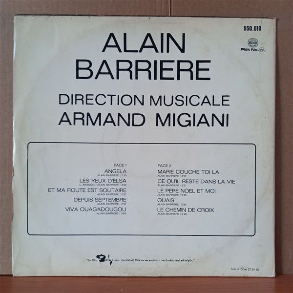 ALAIN BARRIERE – ALAIN BARRIERE (1973) - LP 2.EL YERLİ BASKI PLAK
