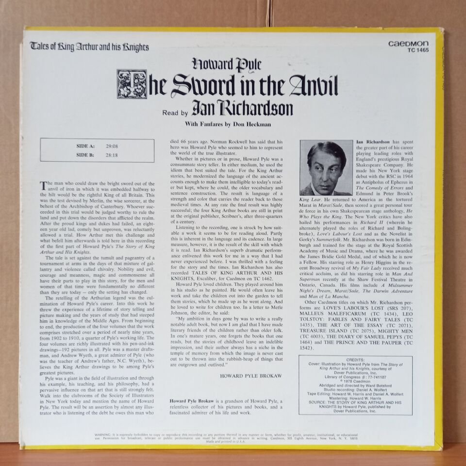 TALES OF KING ARTHUR AND HIS KNIGHTS - THE SWORD IN THE ANVIL / HOWARD PYLE, IAN RICHARDSON (1978) - LP 2.EL PLAK