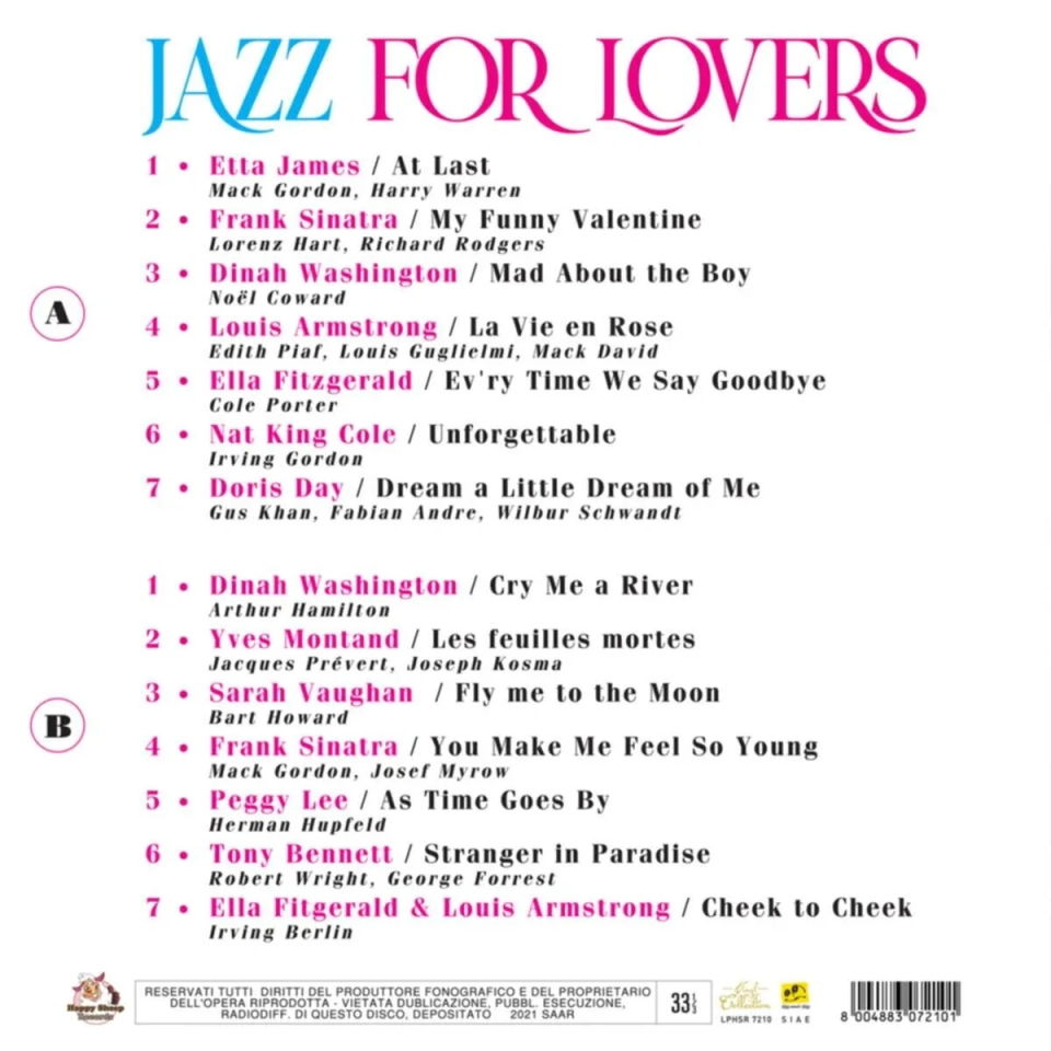 JAZZ FOR LOVERS - PEGGY LEE, FRANK SINATRA, NAT KING COLE, DORIS DAY, LOUIS ARMSTRONG, TONY BENNETT - LP SIFIR PLAK