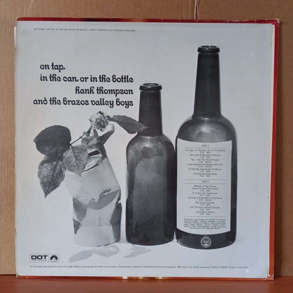HANK THOMPSON – ON TAP, IN THE CAN, OR IN THE BOTTLE (1968) - LP 2.EL PLAK