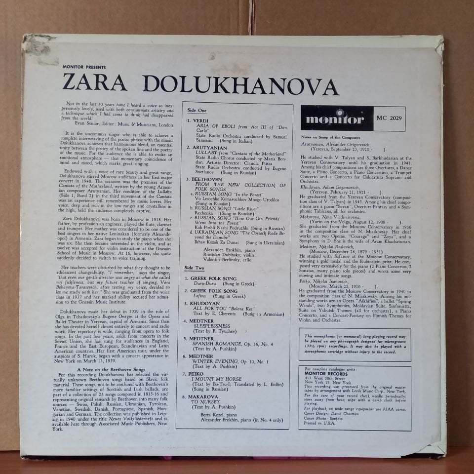 ZARA DOLUKHANOVA – DOLUKHANOVA: MEZZO-SOPRANO (1959) - LP 2.EL PLAK