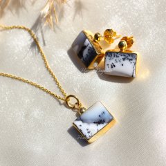 Dendrit Opal Doğaltaşlı Minimal Gümüş Set