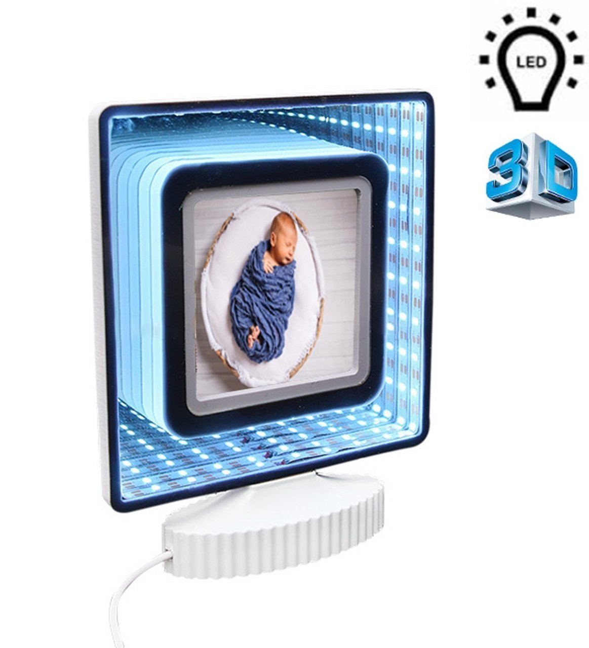 Kişiye Özel 3D Beyaz LED Işıklı Aynalı Fotoğraf Çerçevesi Mavi