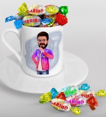 Kişiye Özel Erkek Animasyonlu Karikatürlü Türk Kahvesi Fincanı ve Haribo Şeker Hediye Seti-36
