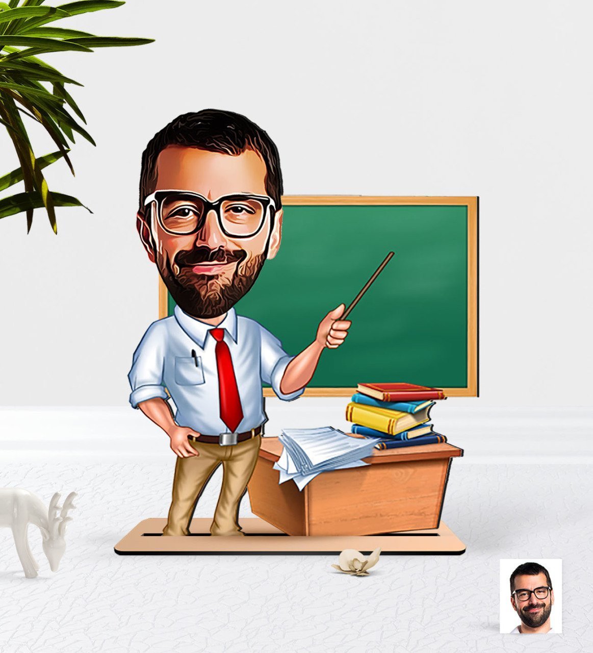 Kişiye Özel Erkek Öğretmen Karikatürlü Ahşap 3D Biblo-1