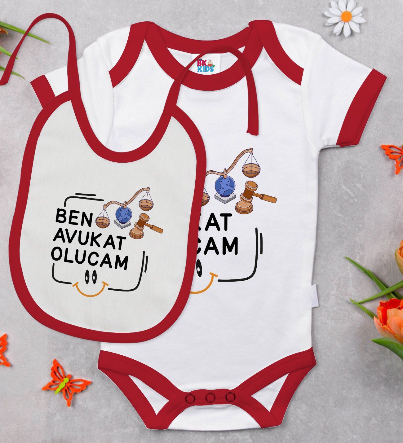 BK Kids Avukat Olucam Tasarımlı Kırmızı Bebek Body Zıbın ve Mama Önlüğü Hediye Seti-1