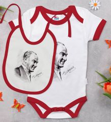 BK Kids Atatürk Temalı Kırmızı Bebek Body Zıbın ve Mama Önlüğü Hediye Seti-10