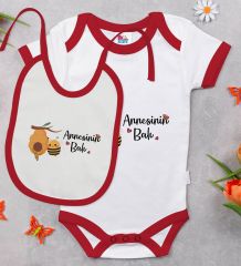 BK Kids Annesinin Balı Tasarımlı Kırmızı Bebek Body Zıbın ve Mama Önlüğü Hediye Seti-1